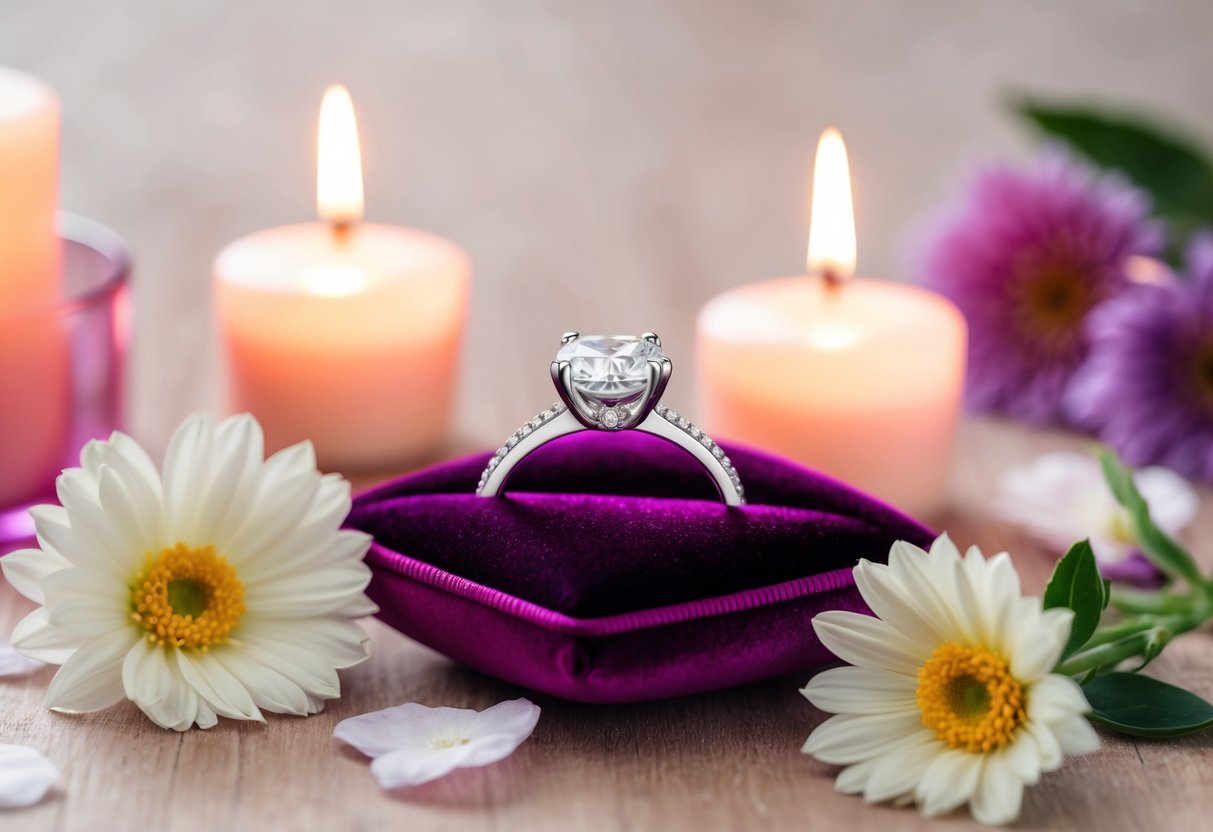 A sparkling engagement ring sits on a velvet cushion, surrounded by soft candlelight and fresh flowers