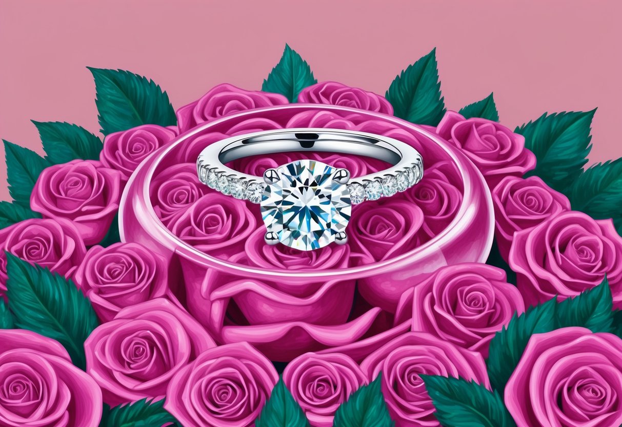 A sparkling engagement ring nestled in a bed of vibrant roses, symbolizing Katy Perry and Orlando Bloom's love story