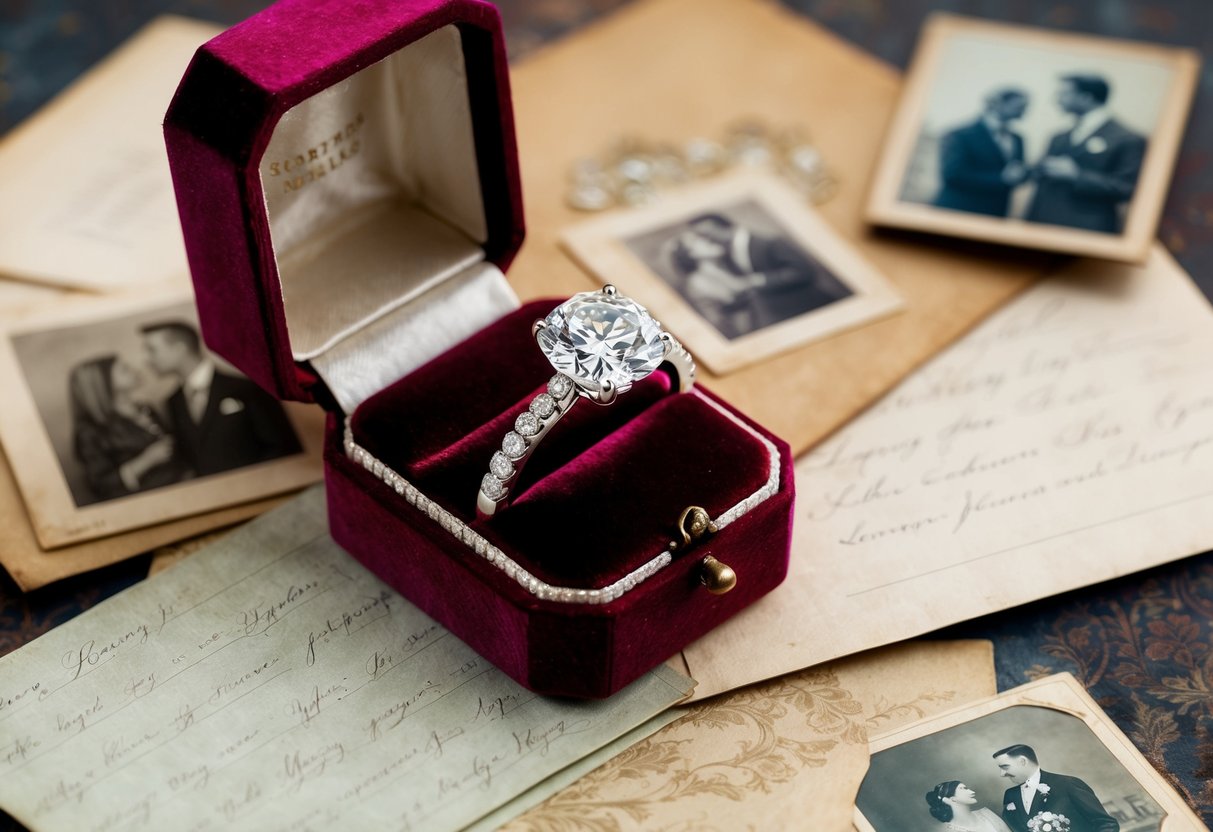 A sparkling diamond engagement ring sits on a vintage velvet jewelry box amidst old love letters and faded photographs