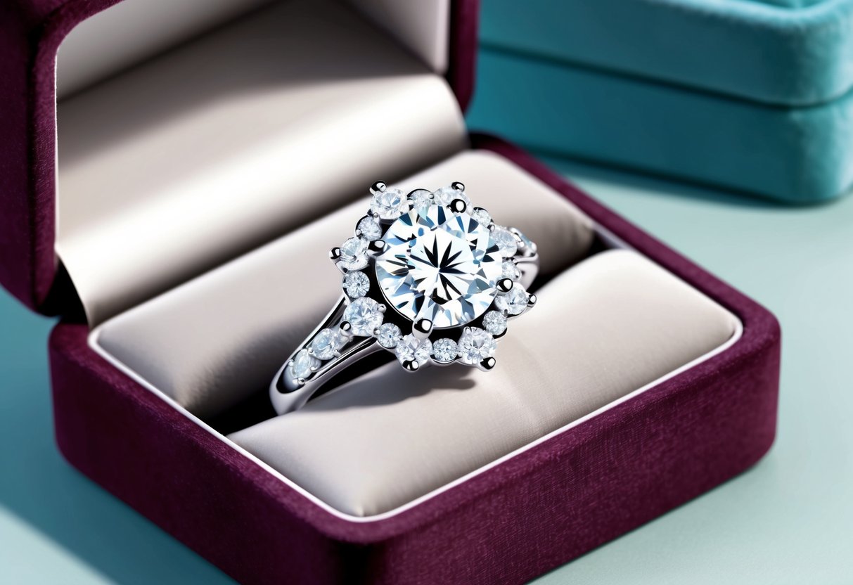 A sparkling diamond ring nestled in a velvet box, catching the light with its intricate design and elegant setting