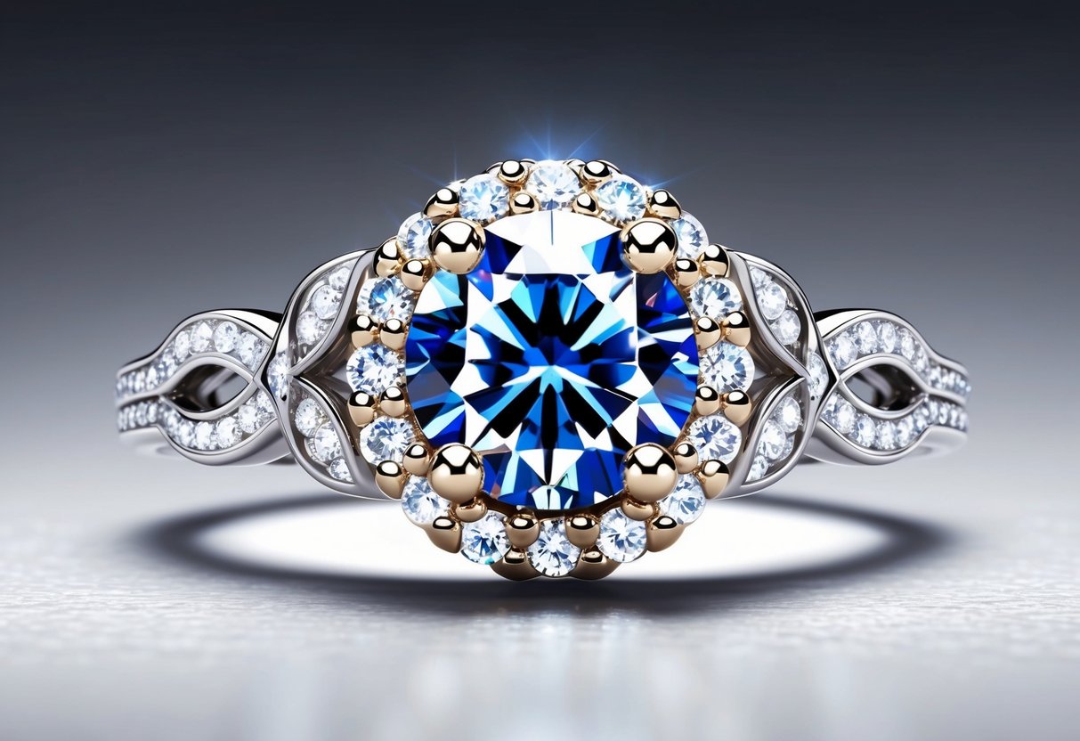 A sparkling engagement ring with intricate details and a large center stone