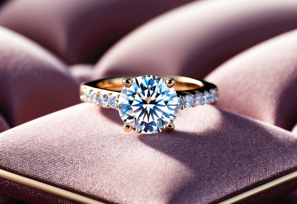 A sparkling diamond ring rests on a velvet cushion, catching the light in a luxurious setting