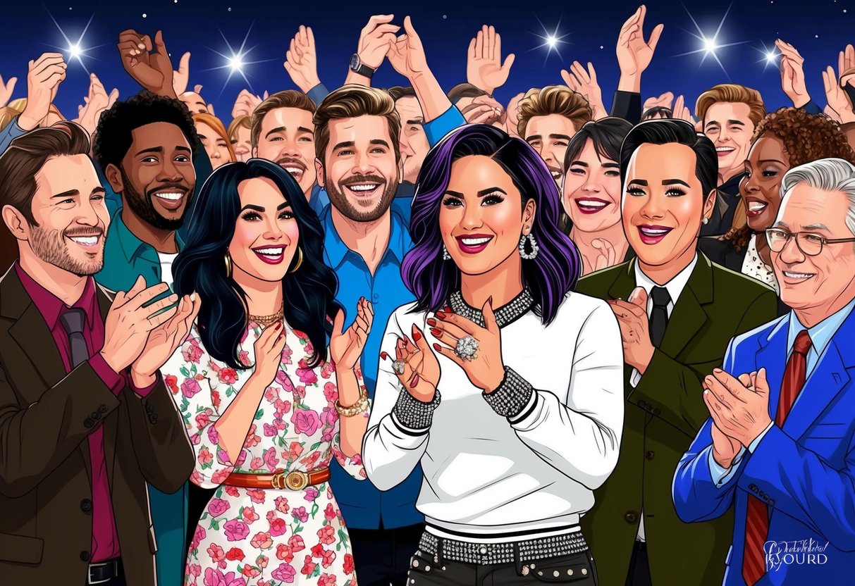 A crowd gathers, cheering and clapping as they admire Demi Lovato's sparkling engagement ring