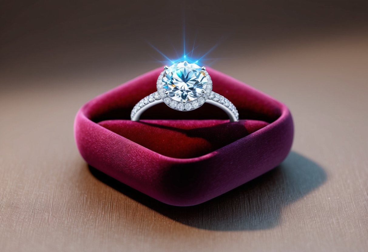 A sparkling engagement ring rests on a velvet cushion