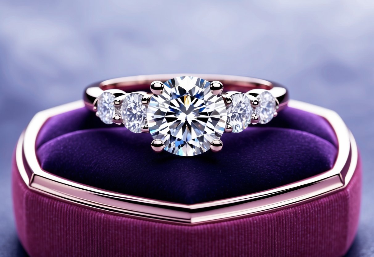 A sparkling engagement ring with a large center stone and smaller surrounding diamonds sits atop a velvet jewelry box