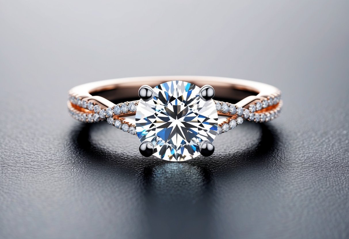 A sparkling diamond engagement ring with a large center stone and intricate band design