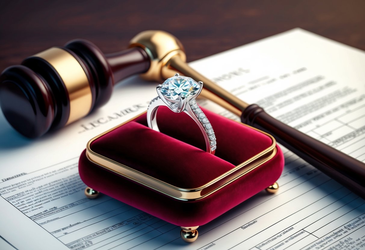 A sparkling diamond ring on a velvet cushion, surrounded by legal documents and a gavel