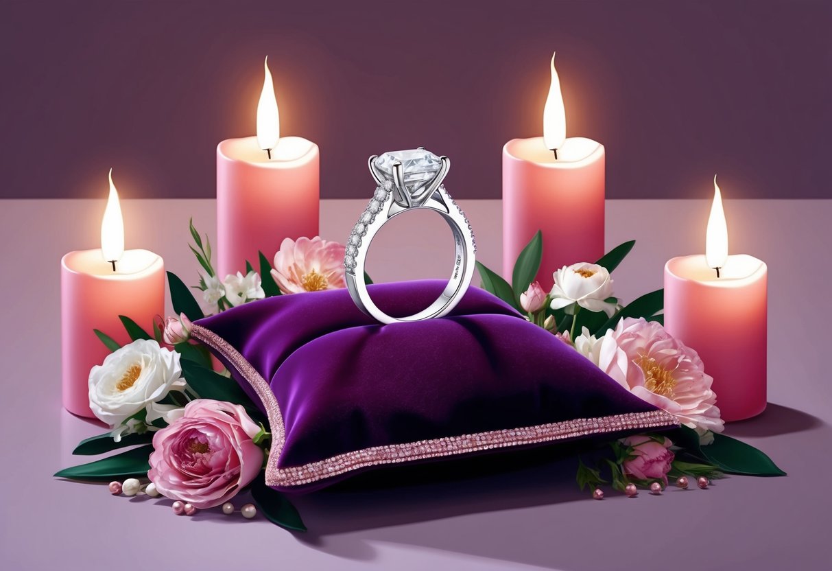 Demi Lovato's engagement ring displayed on a velvet pillow, surrounded by soft candlelight and floral arrangements