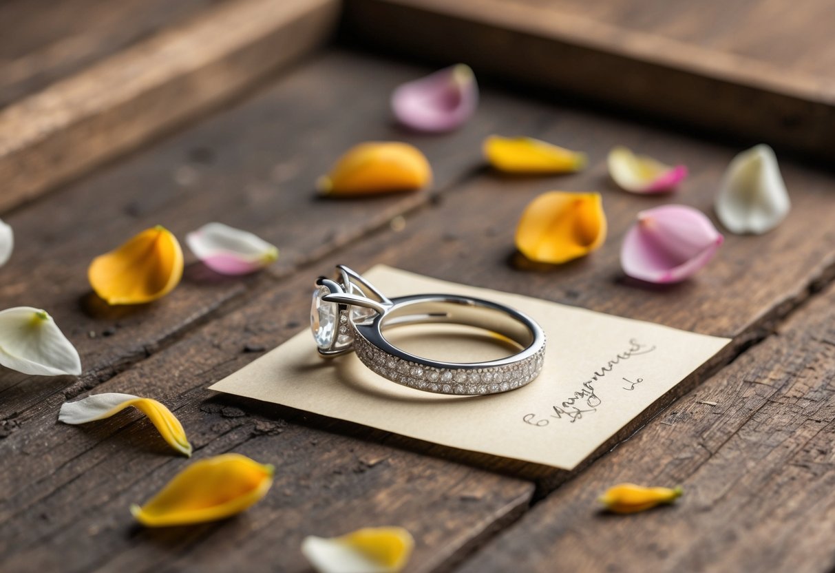 A glittering engagement ring lies abandoned on a rustic wooden table, surrounded by scattered petals and a single tear-stained note