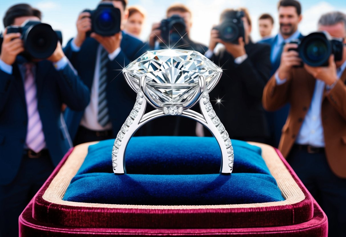 A sparkling diamond ring displayed on a velvet cushion, surrounded by photographers and onlookers