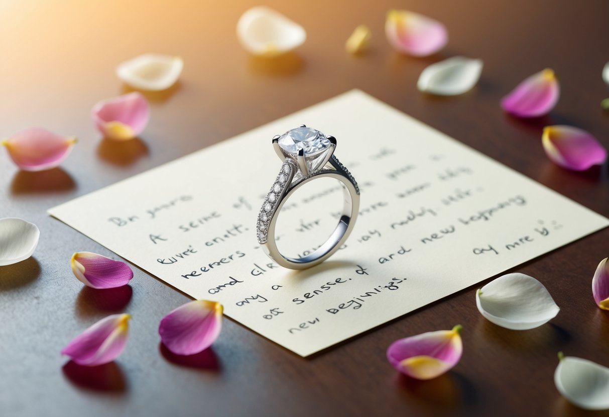 A glittering engagement ring sits on a table, surrounded by scattered petals and a note. A sense of closure and new beginnings fills the air