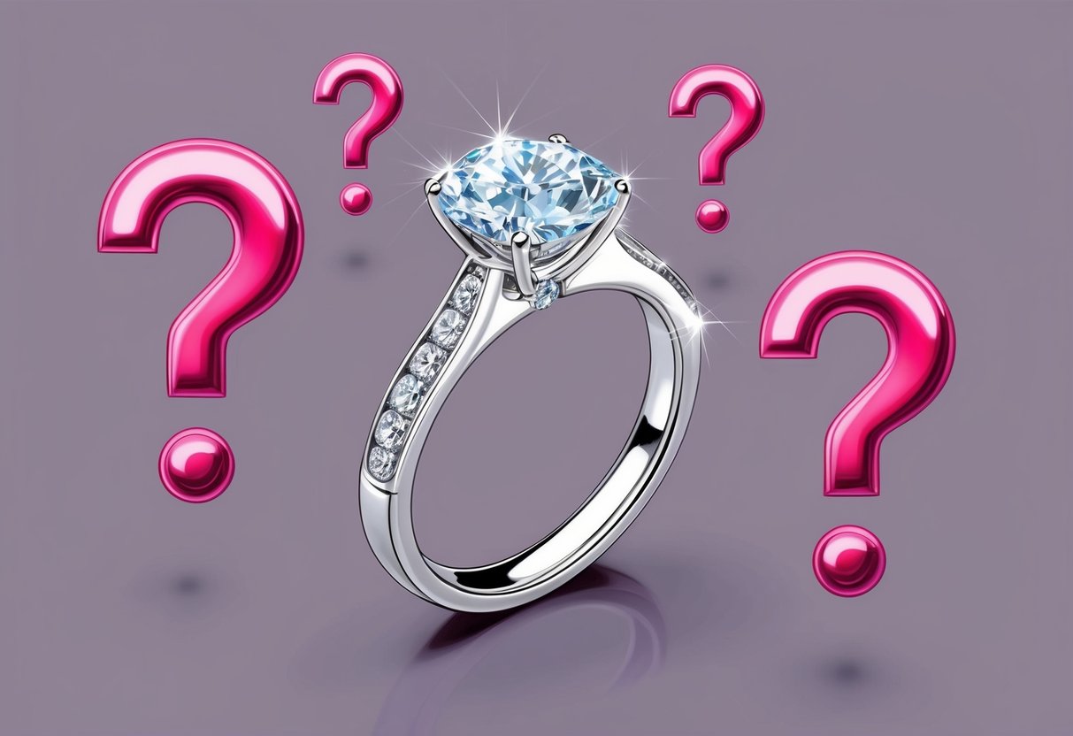 A sparkling engagement ring surrounded by question marks