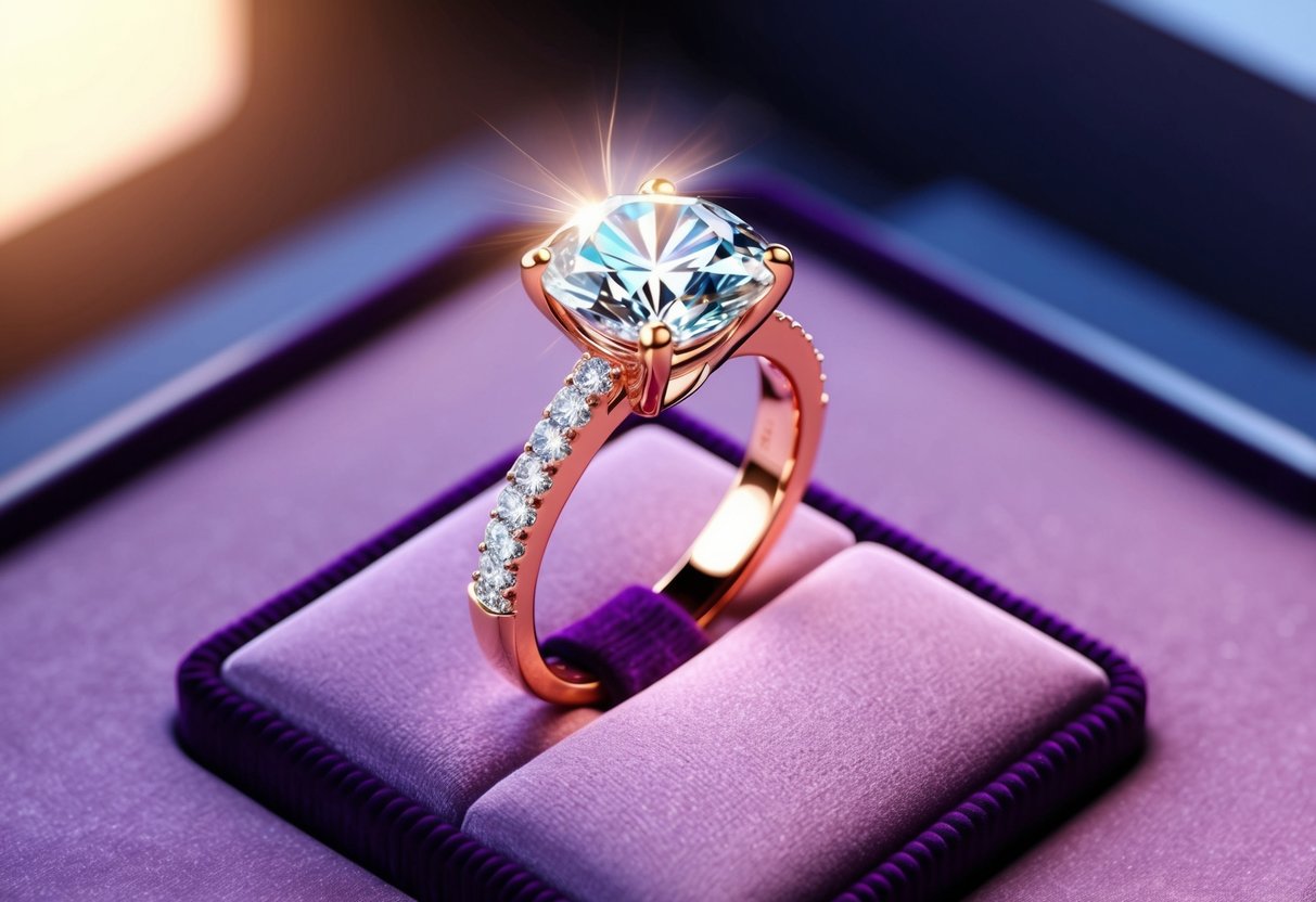 A sparkling diamond ring displayed on a velvet cushion under soft lighting