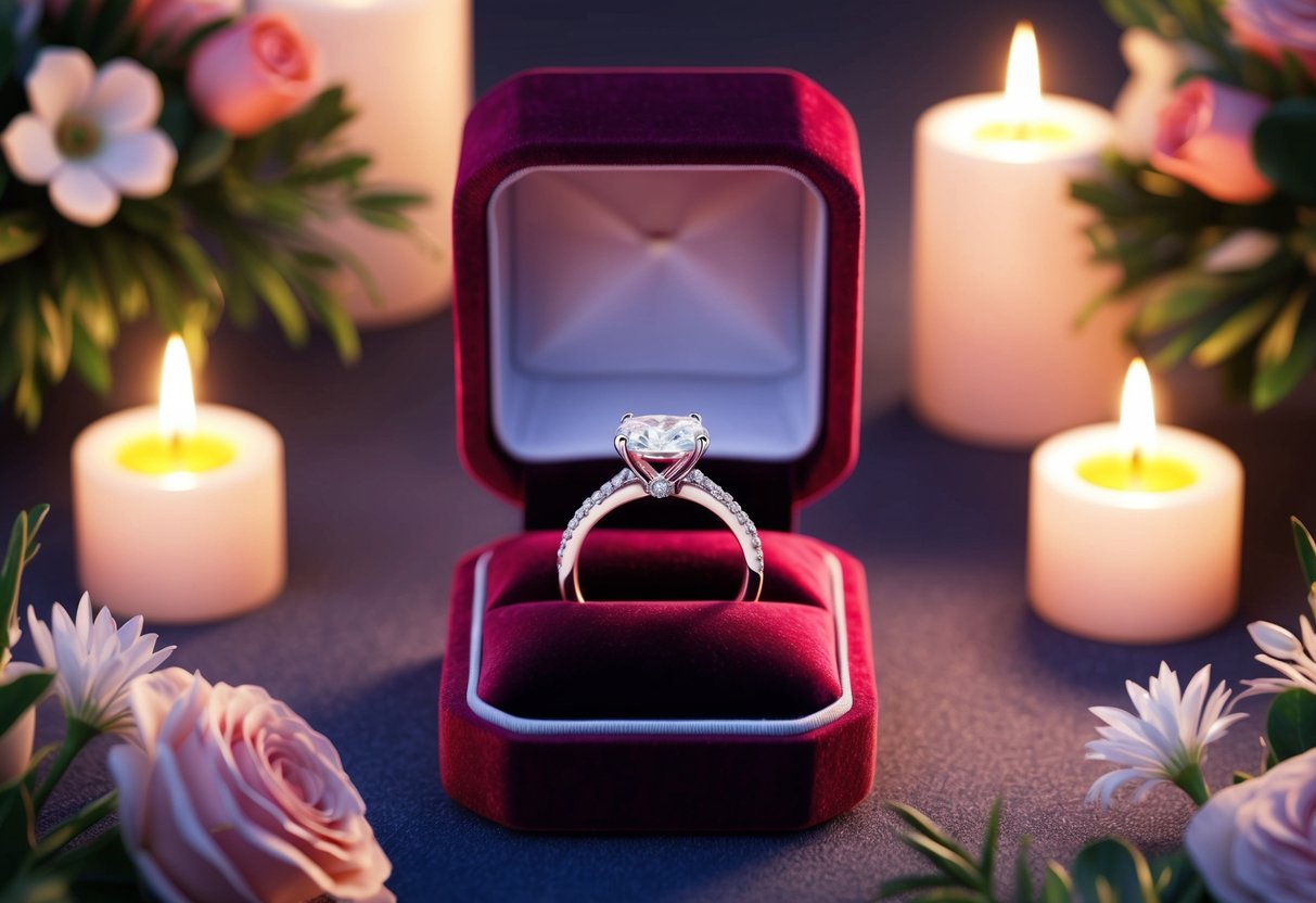 A sparkling engagement ring displayed on a velvet cushion, surrounded by elegant floral arrangements and glowing candlelight