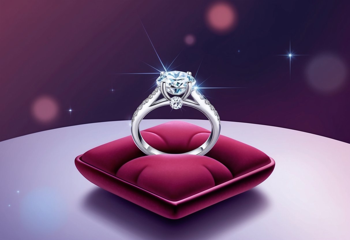 A sparkling engagement ring sits on a velvet cushion