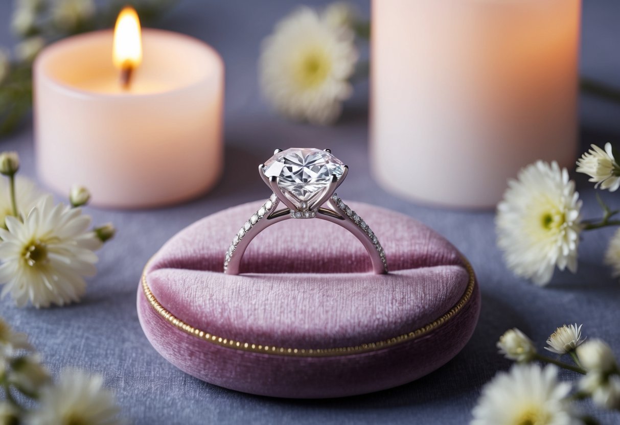 A sparkling diamond engagement ring on a velvet cushion, surrounded by soft candlelight and delicate floral arrangements