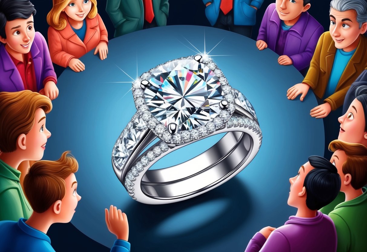 A sparkling diamond ring surrounded by curious onlookers