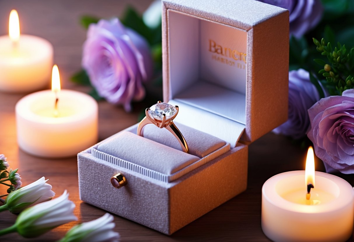 A sparkling diamond ring on a velvet box, surrounded by fresh flowers and soft candlelight