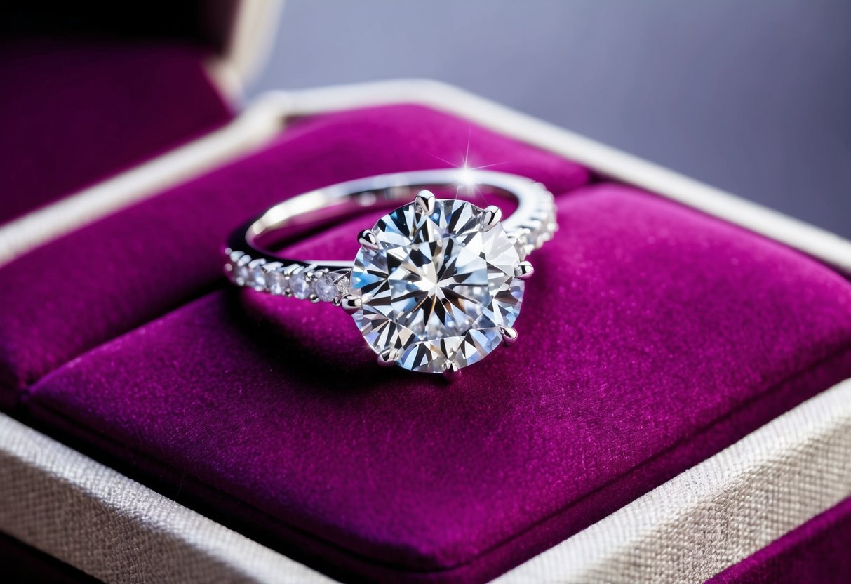 A close-up of a sparkling diamond engagement ring on a velvet cushion