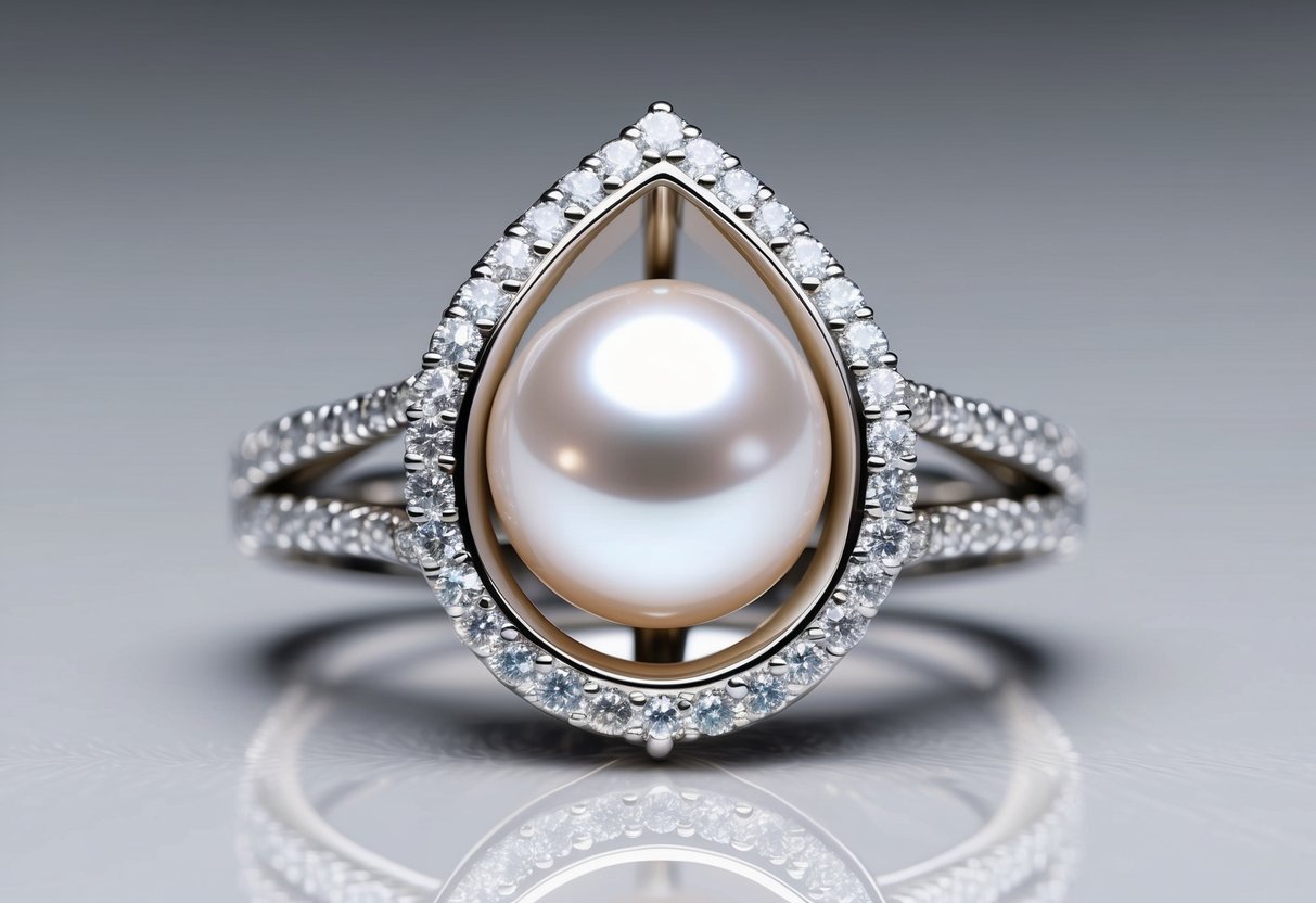 A delicate pearl nestled within a sparkling diamond ring, catching the light with its lustrous sheen