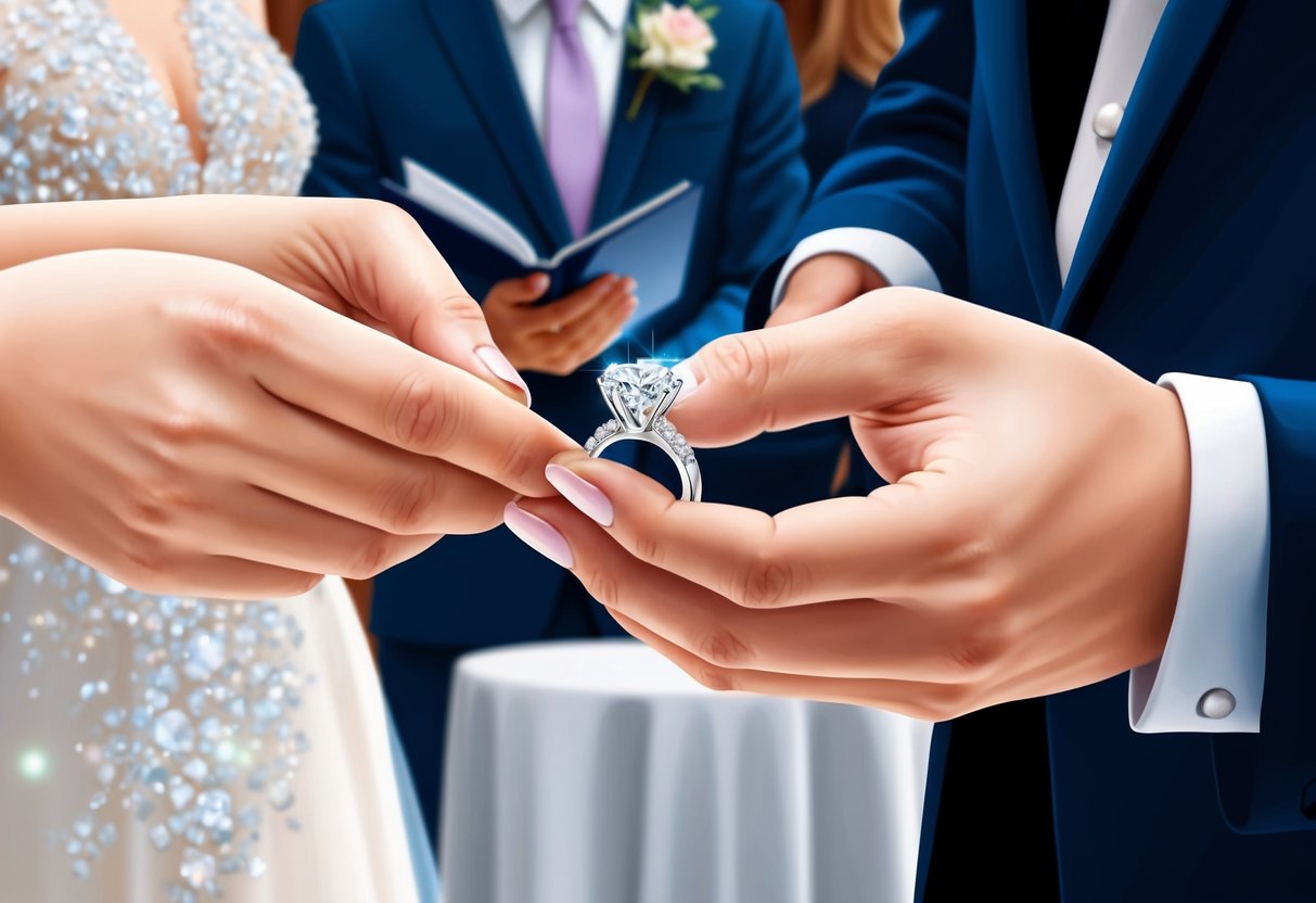 A close-up of a sparkling diamond engagement ring being exchanged during a wedding ceremony