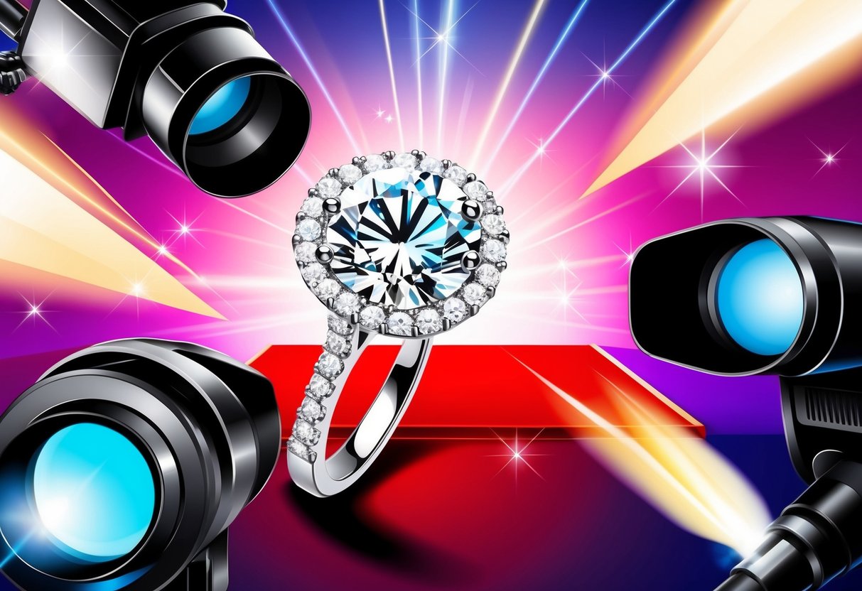 A sparkling diamond ring surrounded by paparazzi flashes and red carpet glamour