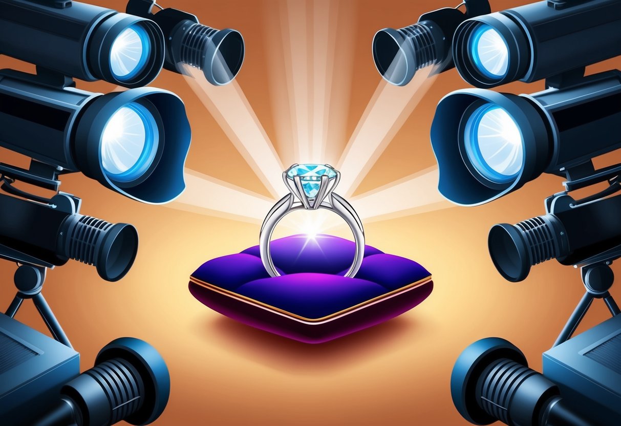 A sparkling engagement ring on a velvet cushion, surrounded by camera flashes and microphones, symbolizing cultural significance and media coverage