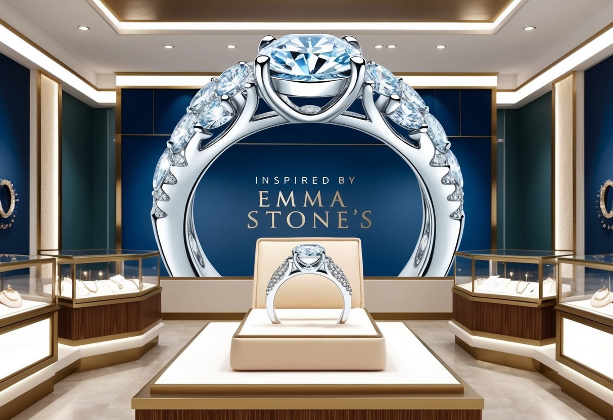 A jewelry store display featuring a sparkling diamond engagement ring inspired by Emma Stone's elegant style