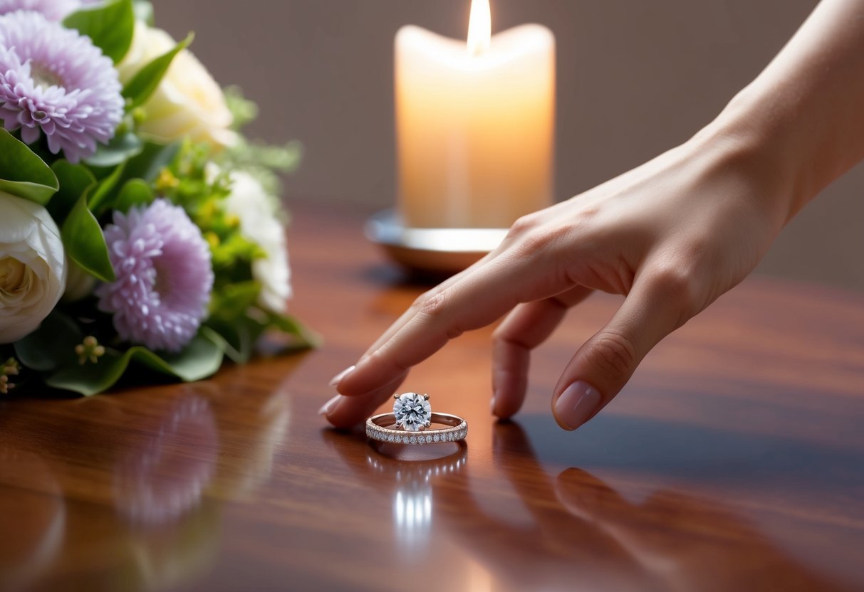 A delicate hand reaches for a shimmering engagement ring resting on a polished wooden surface, surrounded by soft candlelight and a bouquet of blooming flowers