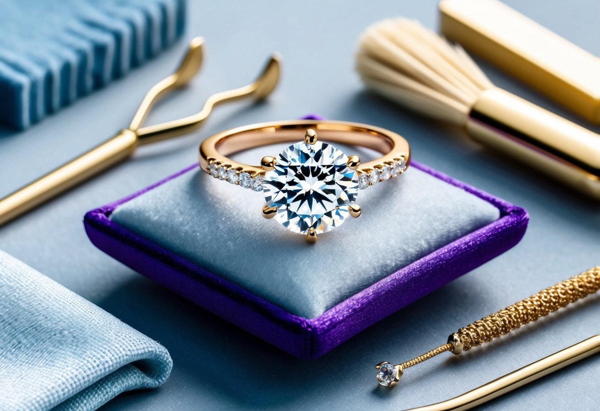 A sparkling diamond engagement ring sits on a velvet cushion, surrounded by delicate jewelry cleaning tools and a soft cloth