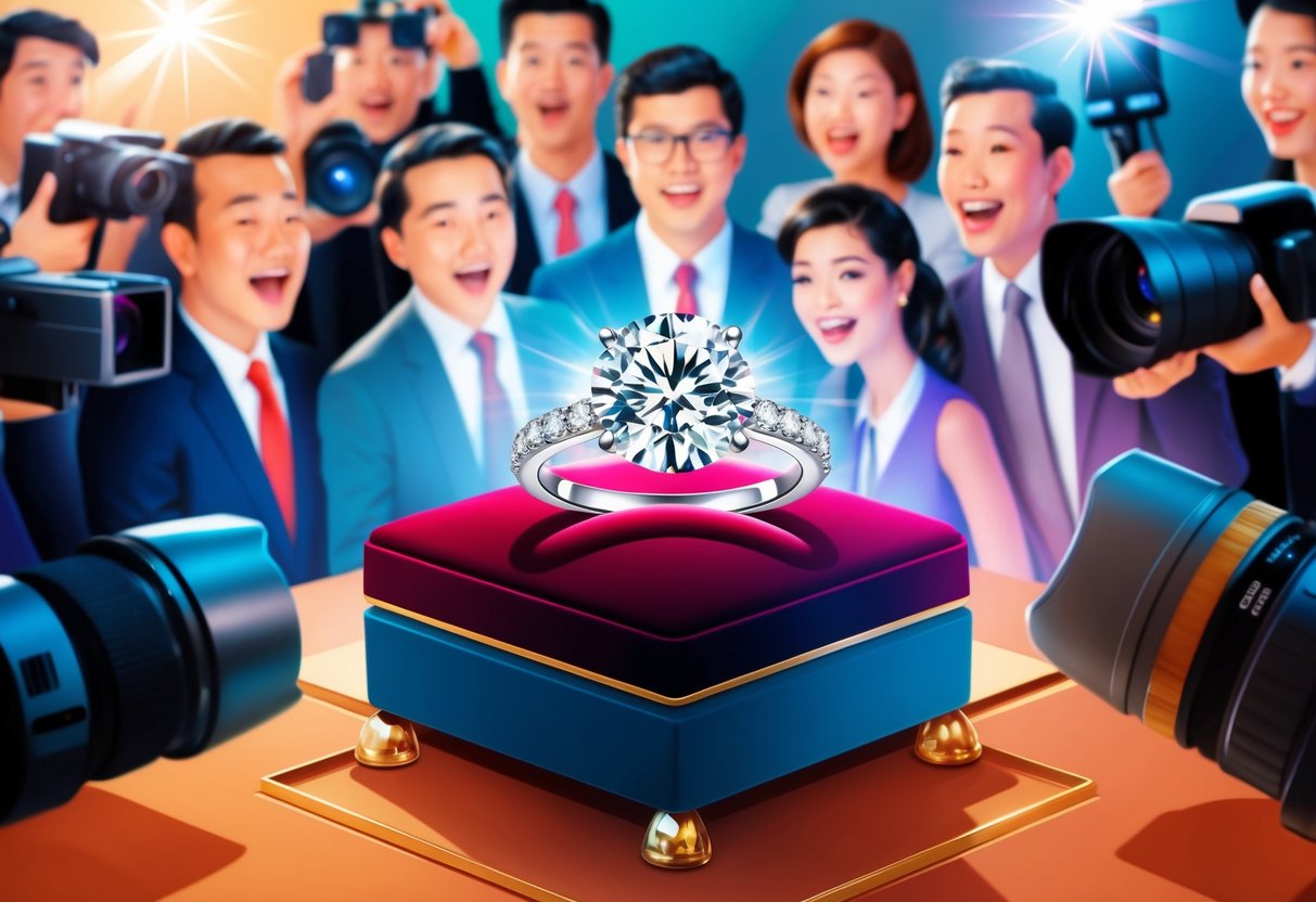 A sparkling diamond ring on a velvet cushion, surrounded by flashing cameras and excited onlookers