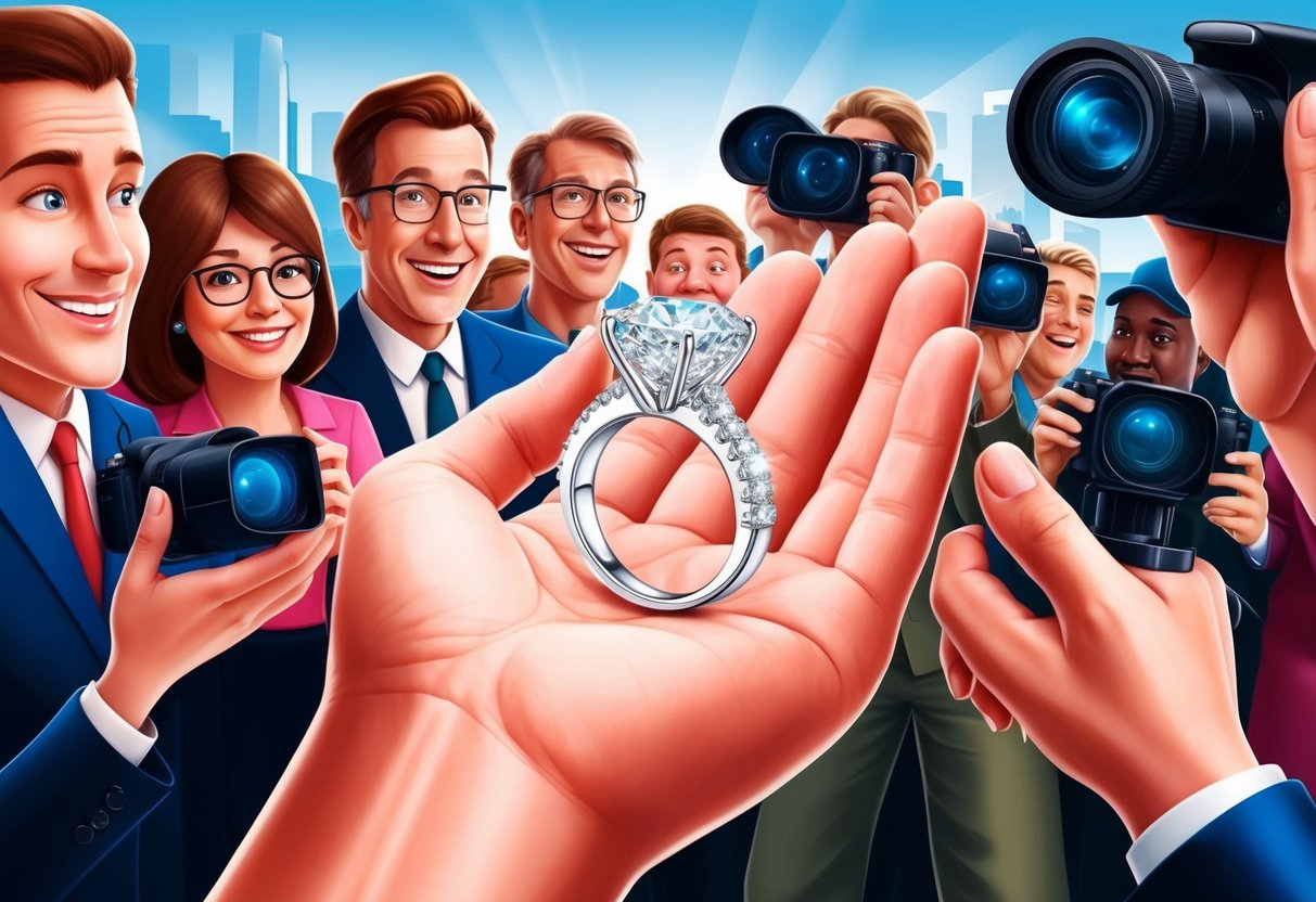 A hand holding a sparkling diamond ring, surrounded by curious onlookers and flashing cameras