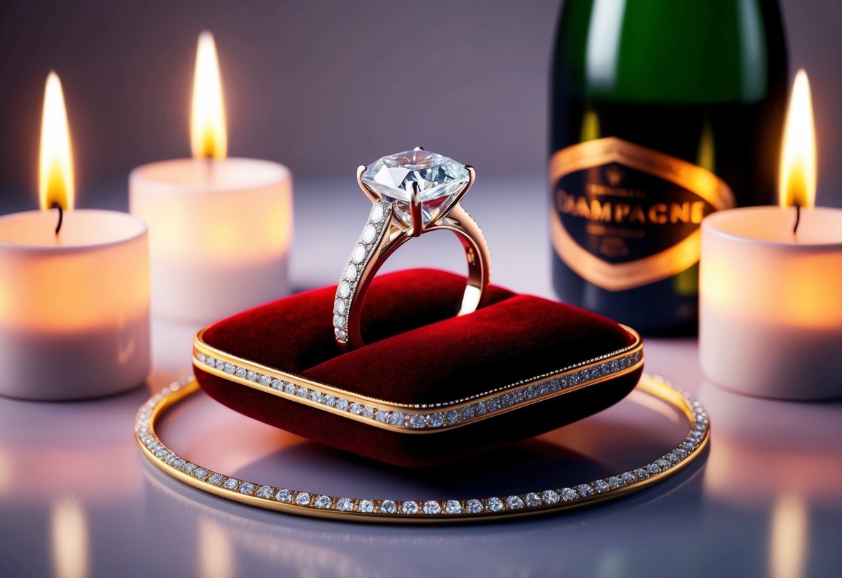 A dazzling diamond ring on a velvet cushion, surrounded by glowing candles and a bottle of champagne