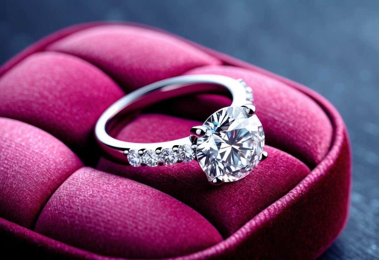 A sparkling diamond ring resting on a velvet cushion