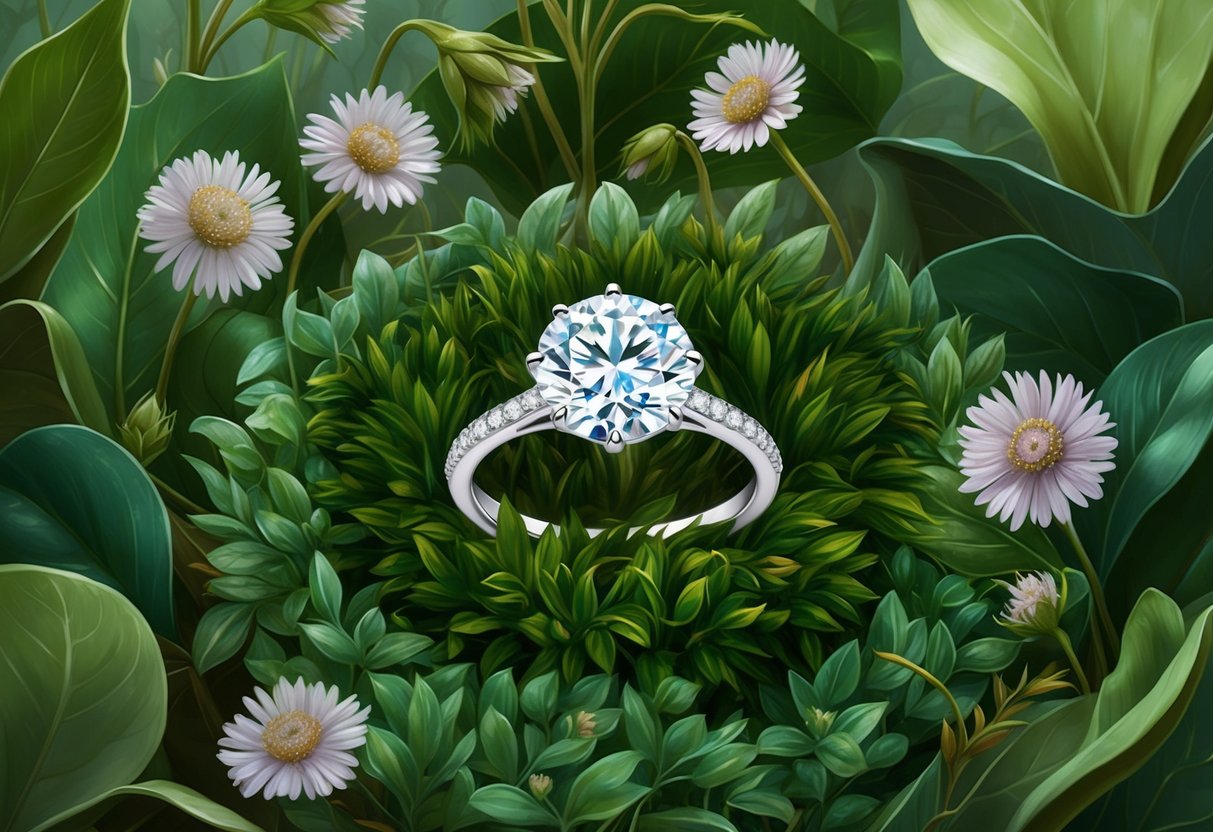 A sparkling diamond ring nestled in a bed of lush, green foliage, surrounded by delicate wildflowers