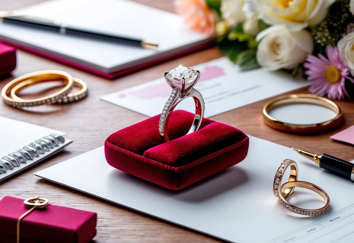 A sparkling engagement ring displayed on a velvet cushion surrounded by wedding planning materials and pre-wedding event decorations