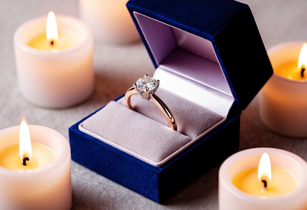 A sparkling engagement ring nestled in a velvet box, surrounded by soft candlelight