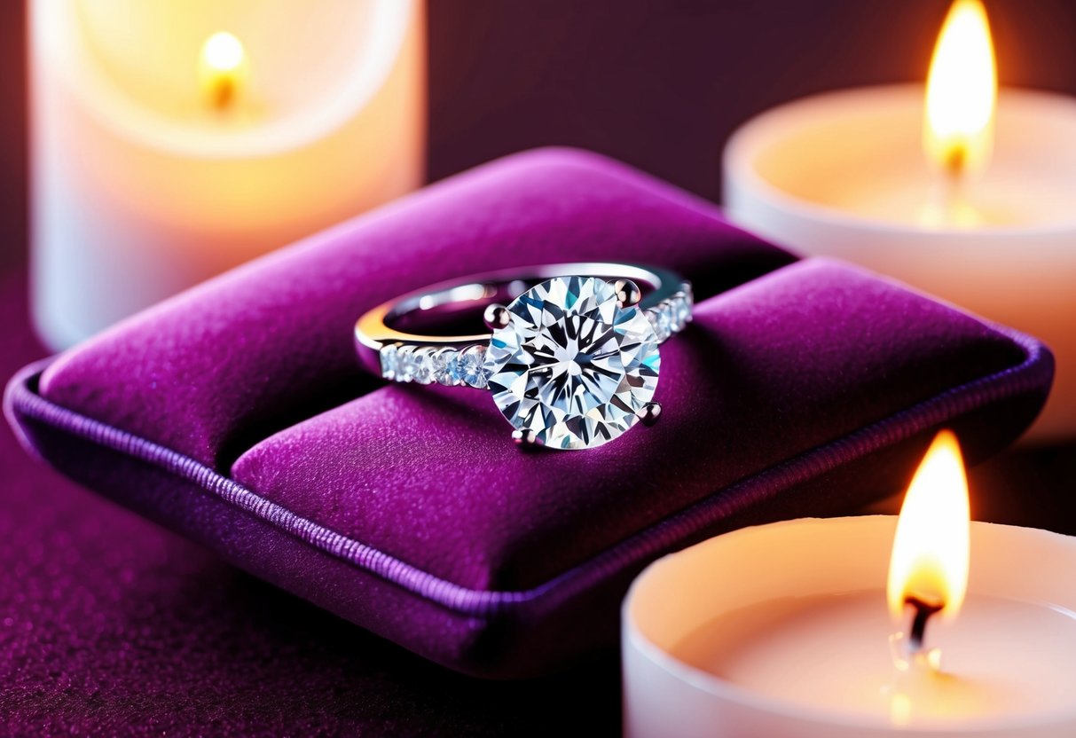 A sparkling diamond ring rests on a velvet cushion, surrounded by soft candlelight