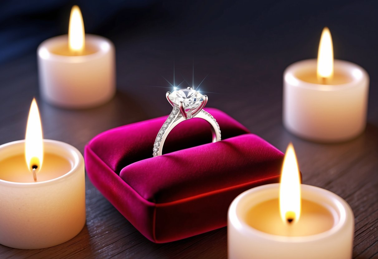 A sparkling engagement ring on a velvet cushion, surrounded by soft candlelight