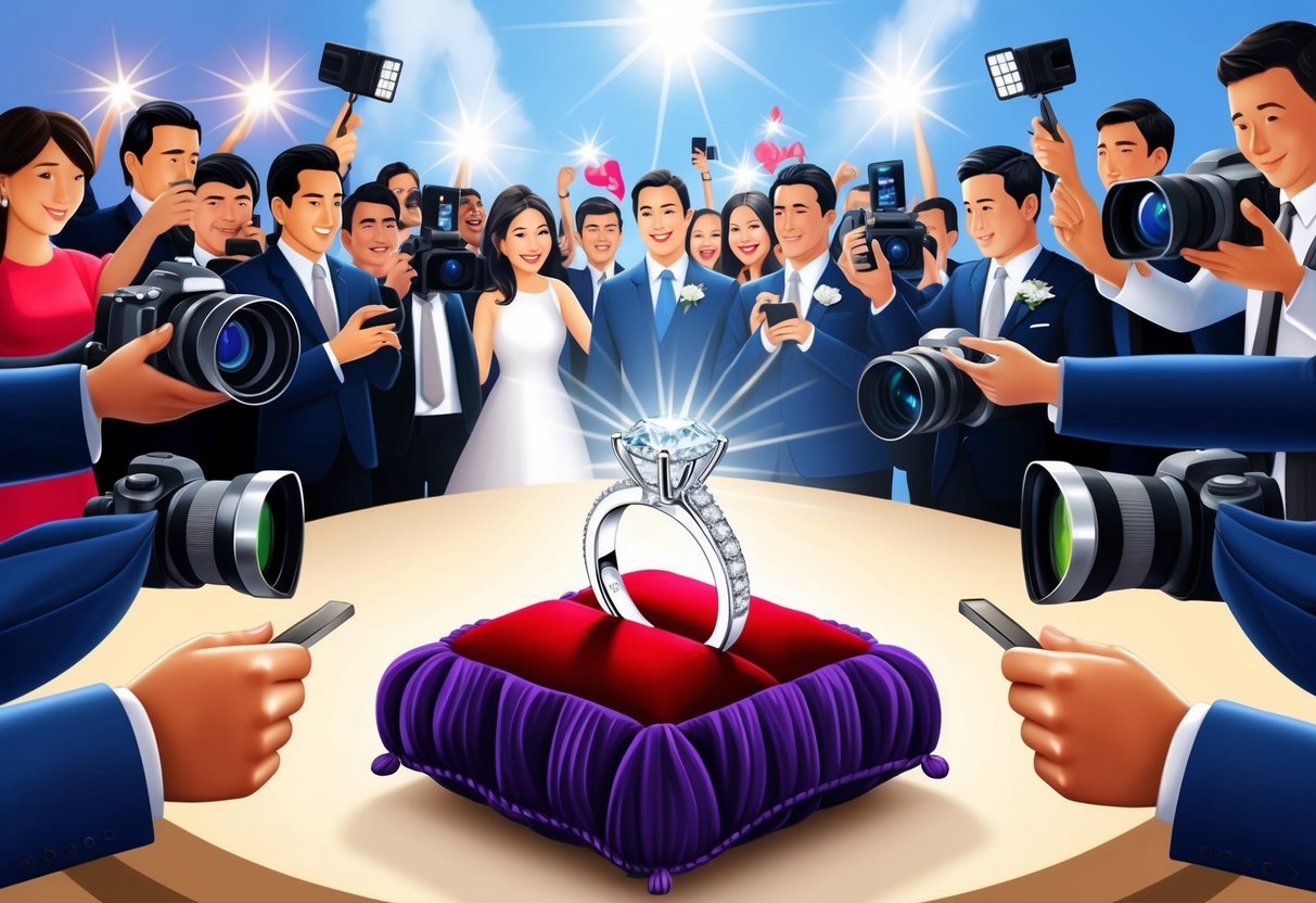 A sparkling engagement ring on a velvet cushion, surrounded by flashing cameras and a crowd of onlookers