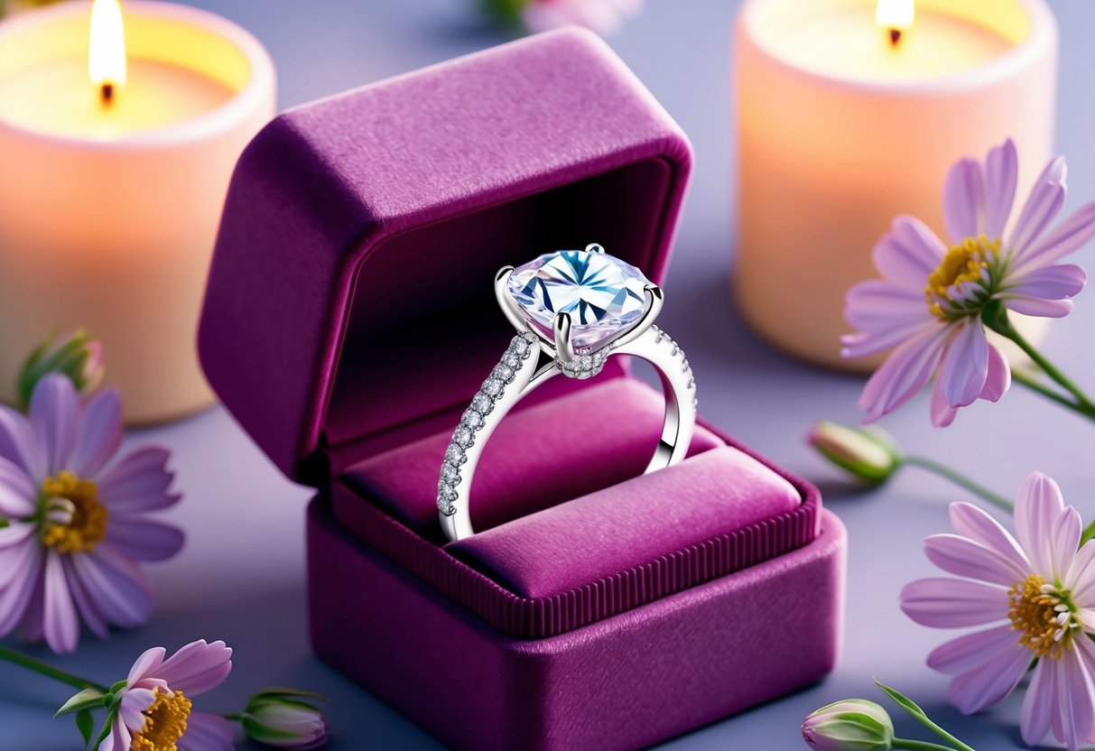 A sparkling diamond ring in a velvet box, surrounded by soft candlelight and delicate flowers