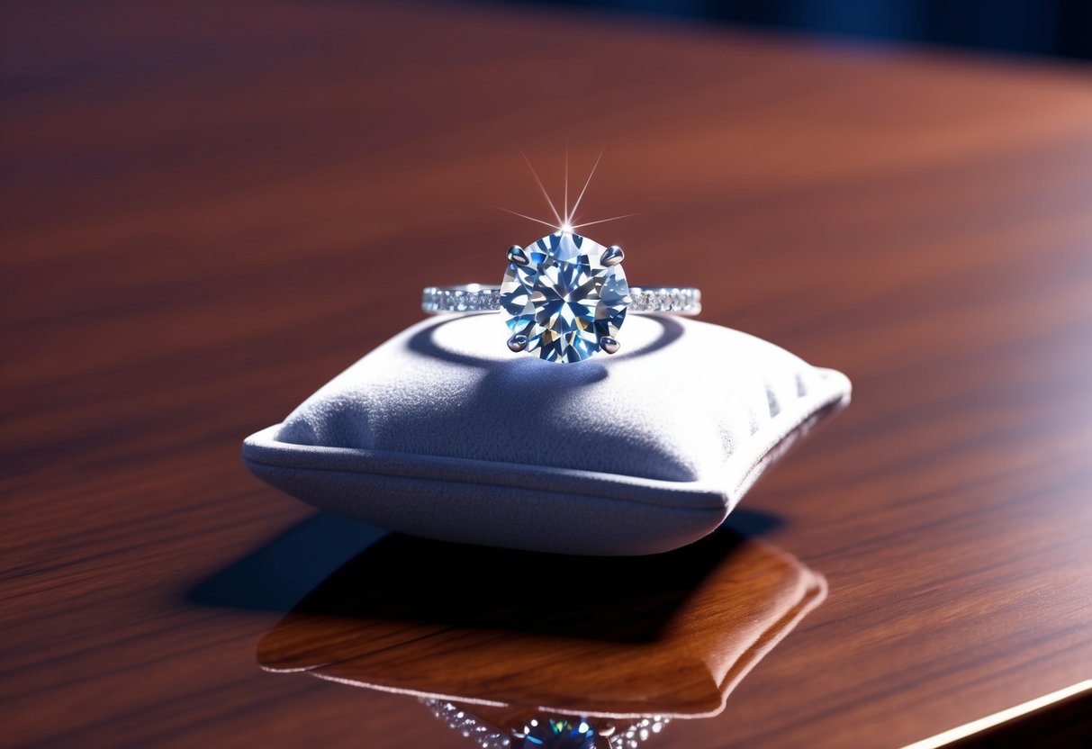 A sparkling diamond ring rests on a velvet cushion, casting shimmering reflections on the polished wood table