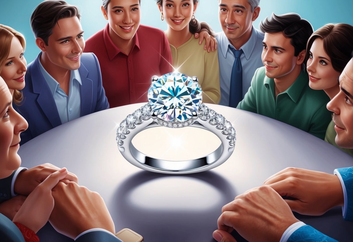 A sparkling engagement ring surrounded by a cluster of curious onlookers