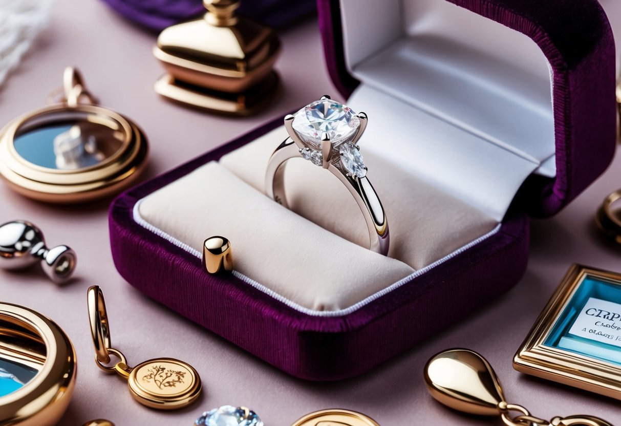 A luxurious engagement ring sits on a velvet cushion, surrounded by elegant personal items and mementos from previous relationships