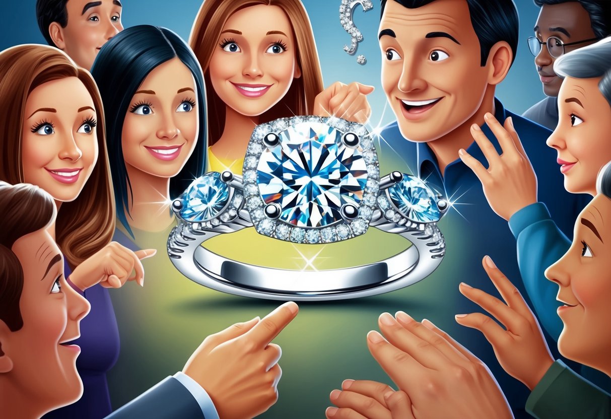 A sparkling engagement ring surrounded by curious onlookers and a flurry of questions