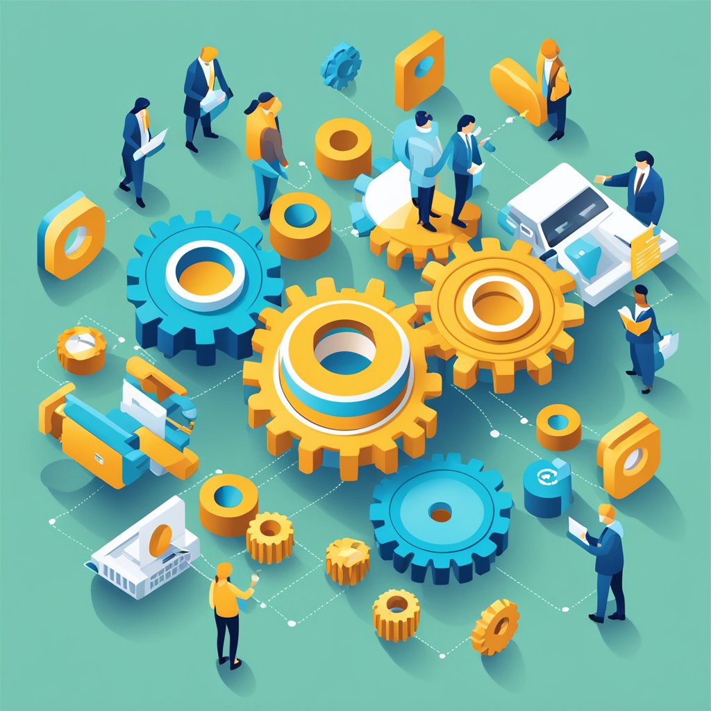 A group of interconnected gears symbolizing the alignment between marketing and sales, working together to accelerate growth