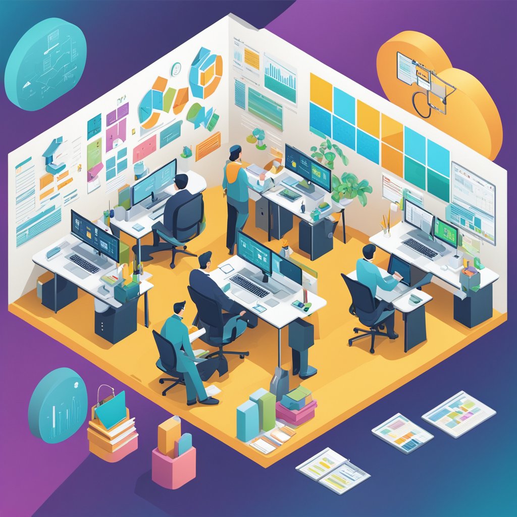 A bustling office with people collaborating, charts and graphs on the walls, and technology being used to analyze and strategize marketing sales enablement