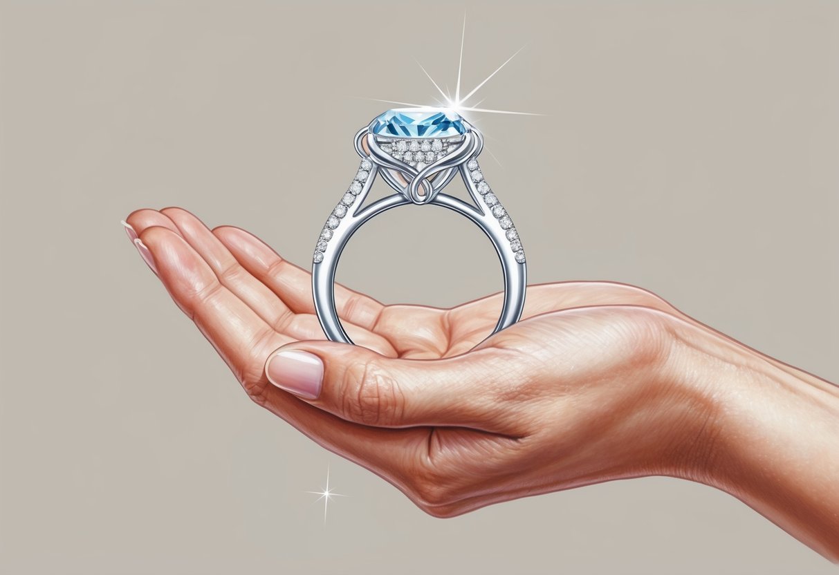 A hand holding a sparkling engagement ring with a unique design