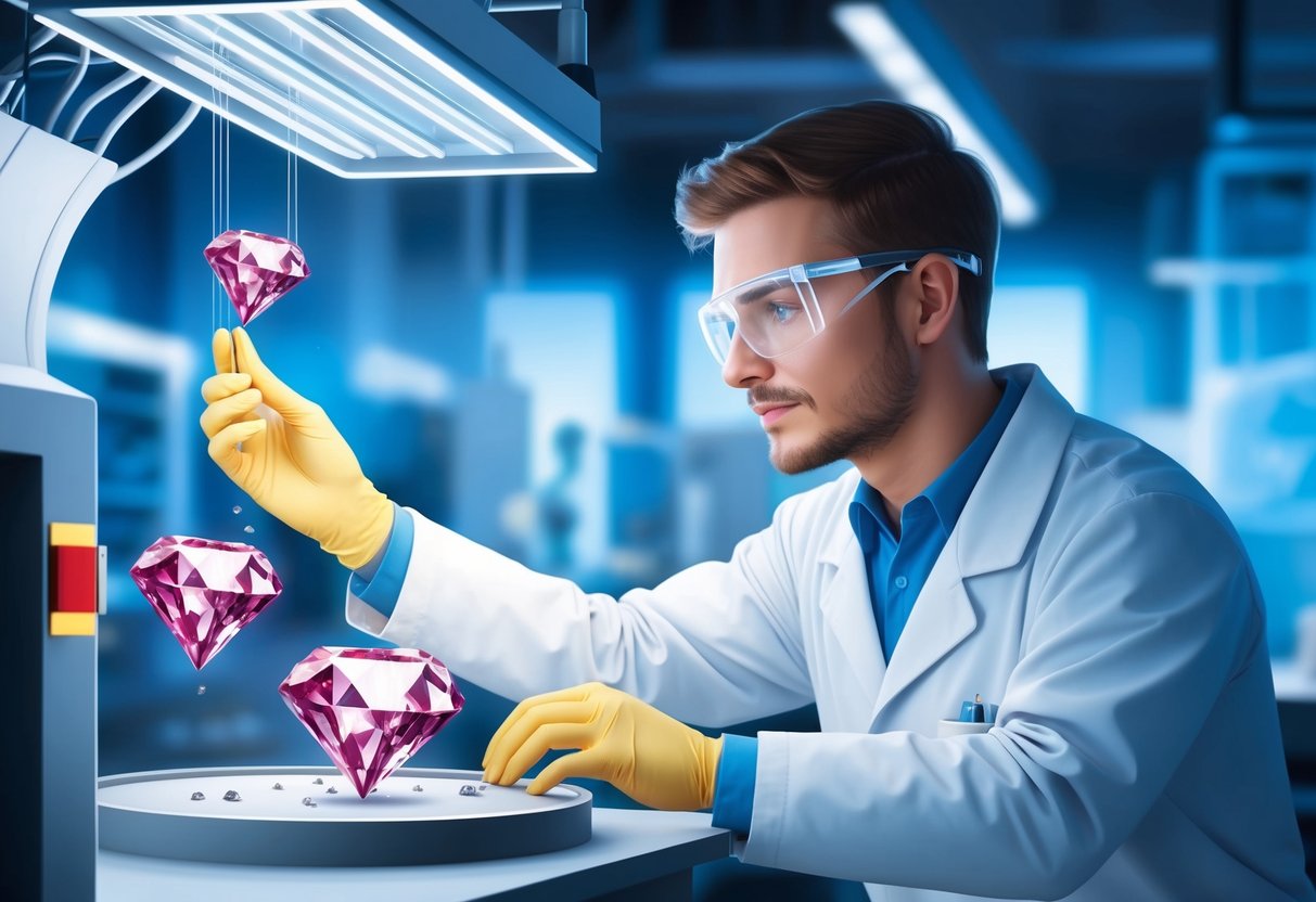 A lab technician carefully monitoring the growth of diamonds in a high-tech laboratory setting