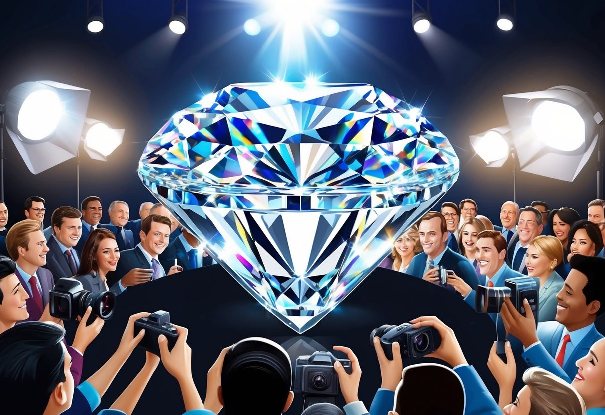 A sparkling, oversized diamond ring gleams under bright lights, surrounded by a crowd of eager onlookers and flashing cameras